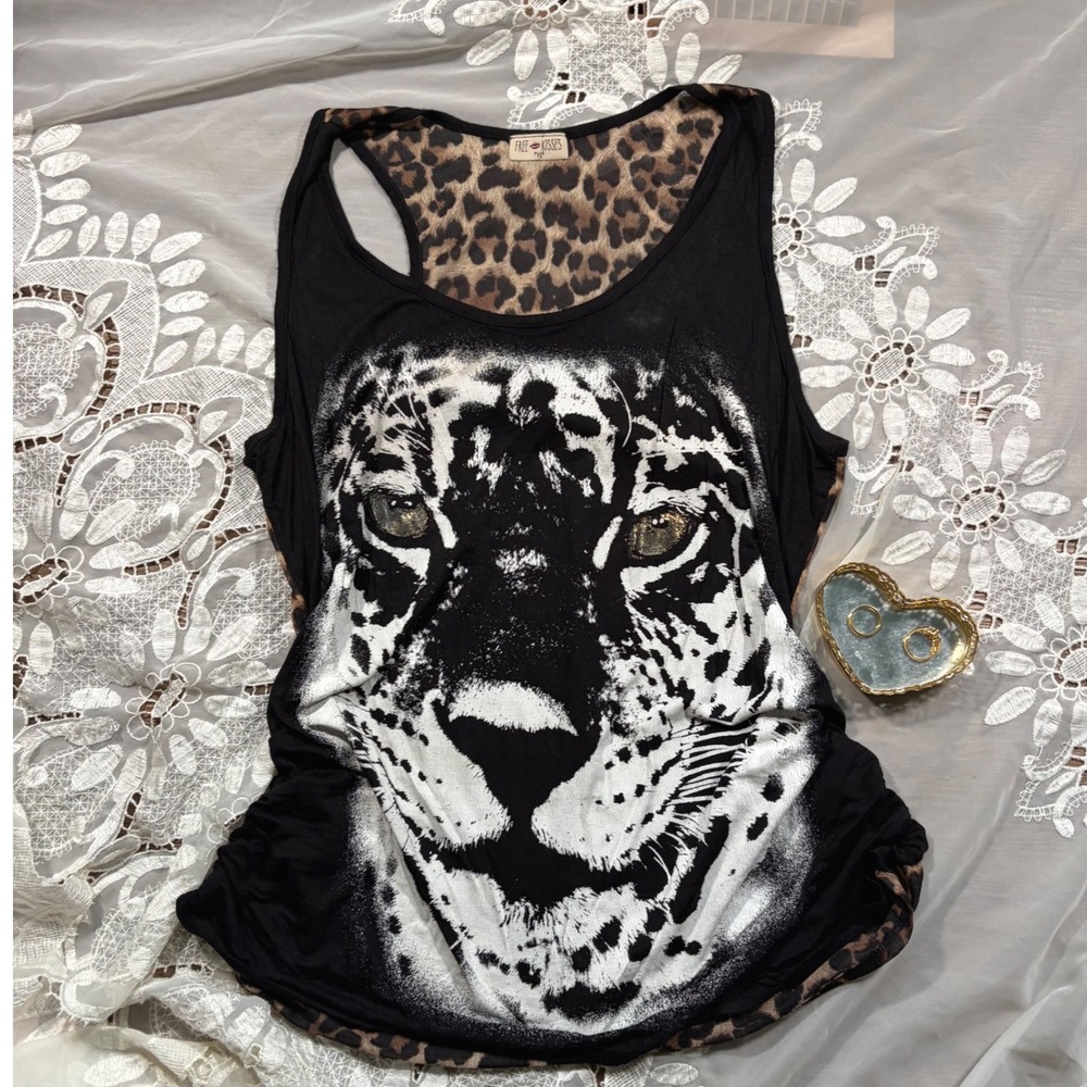 Y2K Indie Sleaze Free Kisses Plus 1X Black Leopard Grunge Tank Top Tiger Graphic